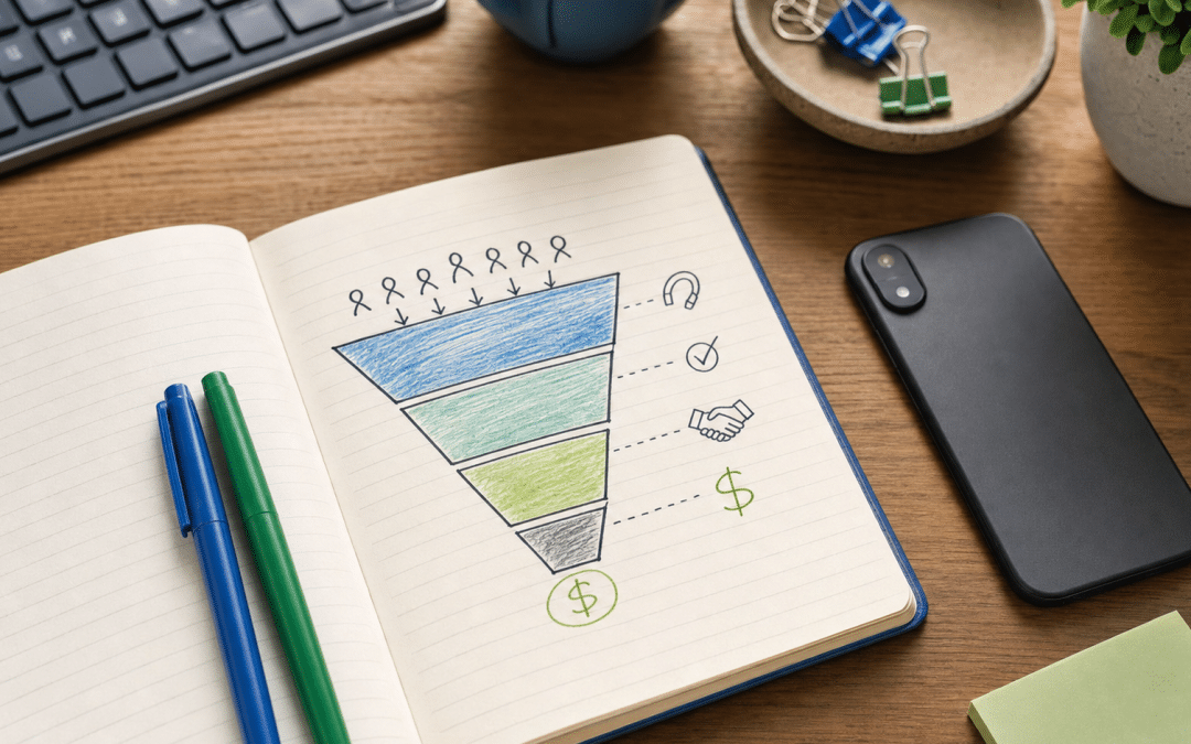 facebook ads retargeting South Africa — business workspace with notepad and funnel diagram