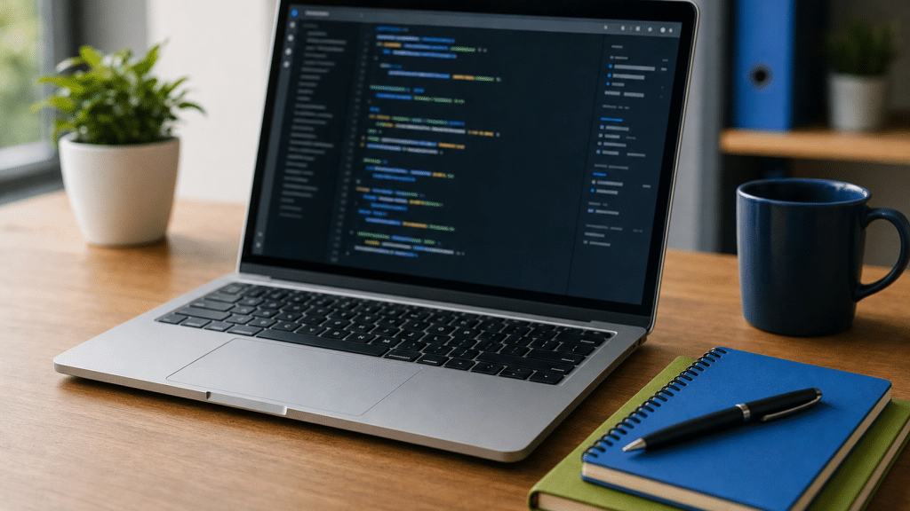 faq schema seo guide - laptop with structured data code on a desk