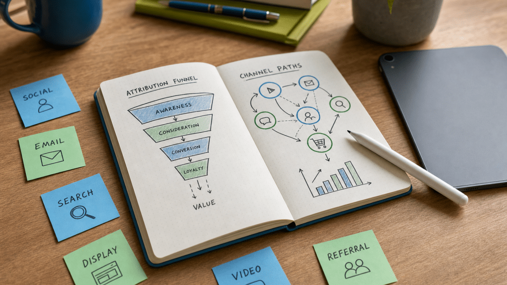 ga4 cross channel attribution guide — flat-lay analytics workspace with attribution funnel diagram and channel path notes