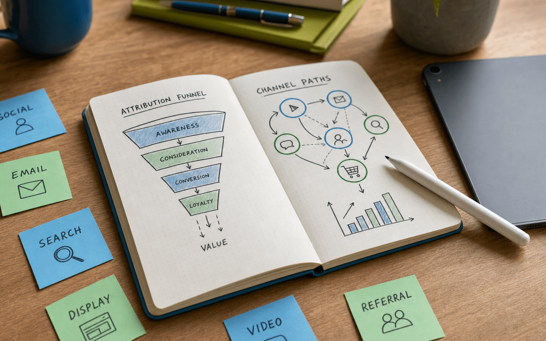 ga4 cross channel attribution guide — flat-lay analytics workspace with attribution funnel diagram and channel path notes
