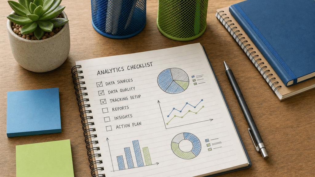 ga4 setup checklist notebook flat-lay with blue and green stationery on wood desk