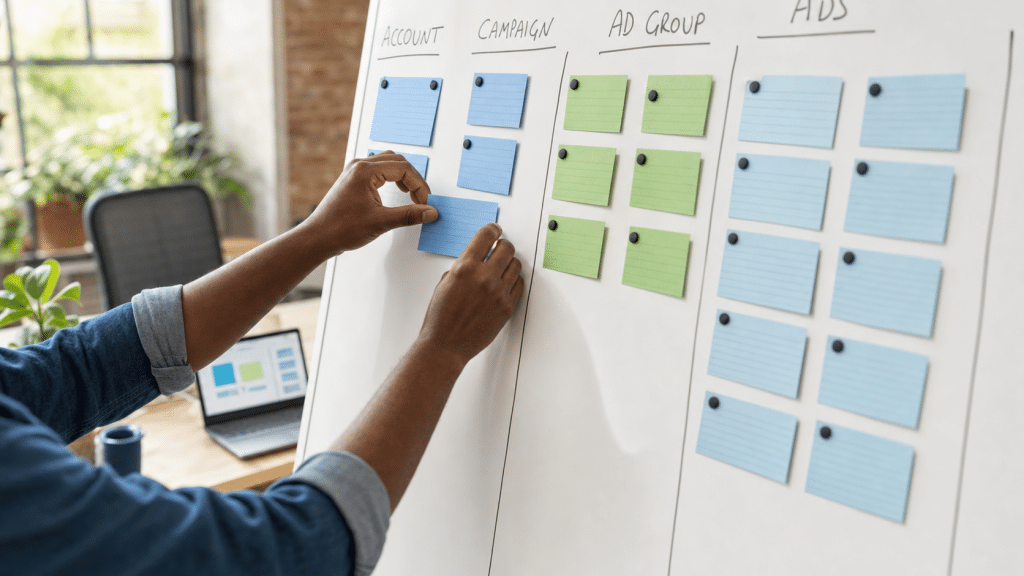 google ads account structure guide — colour-coded campaign hierarchy cards arranged on a whiteboard