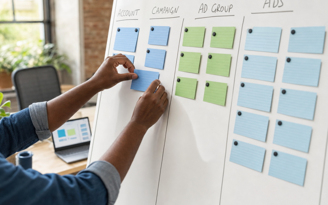 google ads account structure guide — colour-coded campaign hierarchy cards arranged on a whiteboard