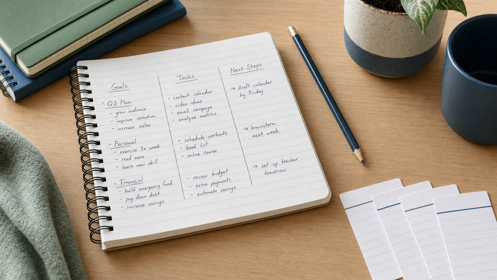 google ads ad copy planning — a notepad with headline columns and index cards representing RSA structure for South African campaigns