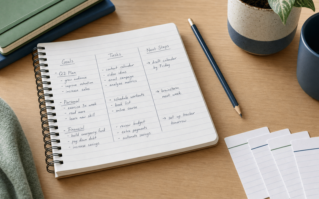 google ads ad copy planning — a notepad with headline columns and index cards representing RSA structure for South African campaigns
