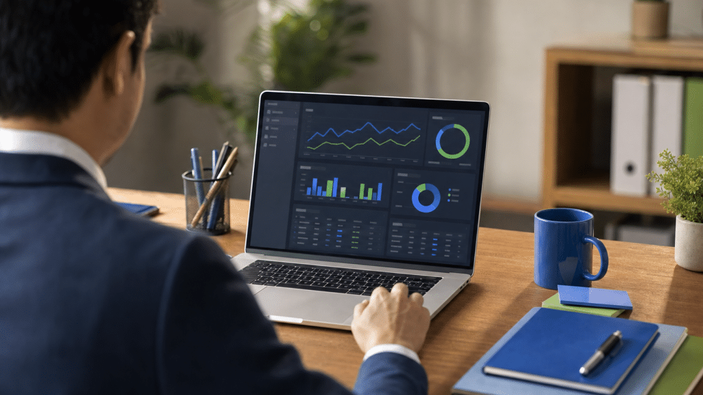 google ads ad rank — professional reviewing search campaign analytics on laptop