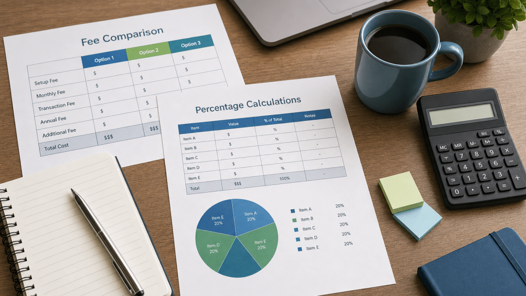 google ads agency pricing comparison documents and calculator on desk flat lay