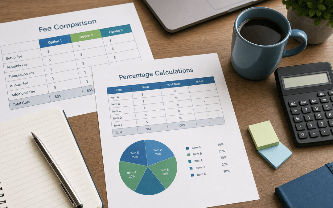 google ads agency pricing comparison documents and calculator on desk flat lay
