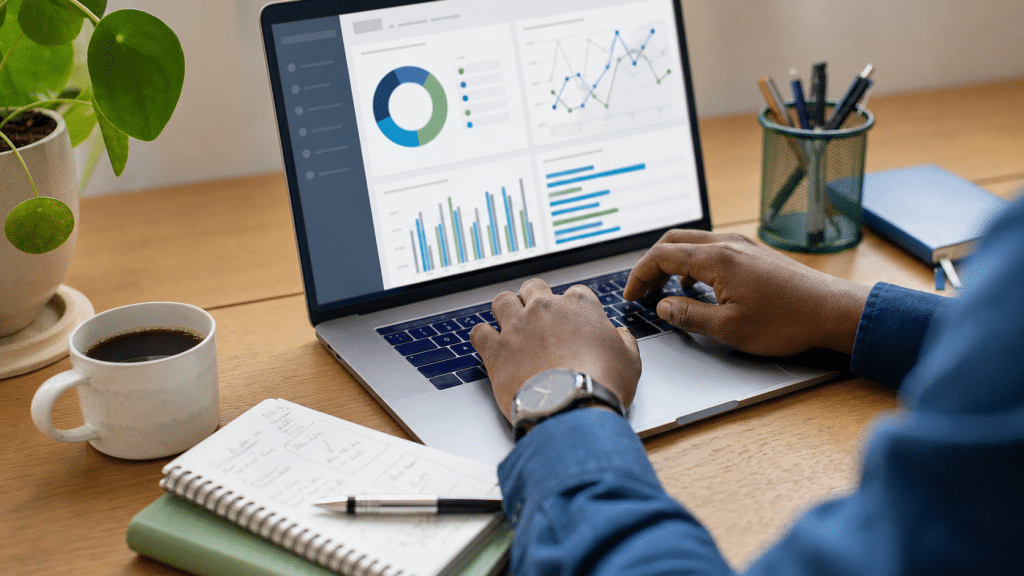google ads agency vs diy south africa - hands reviewing paid search performance charts on a laptop with notepad calculations