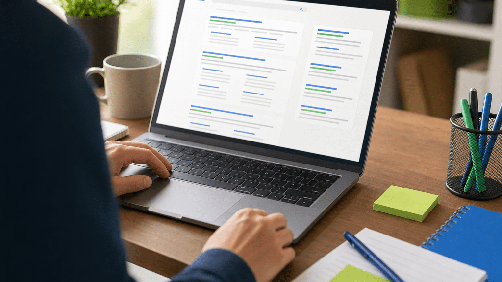 google ads assets south africa - professional reviewing search campaign asset setup on laptop