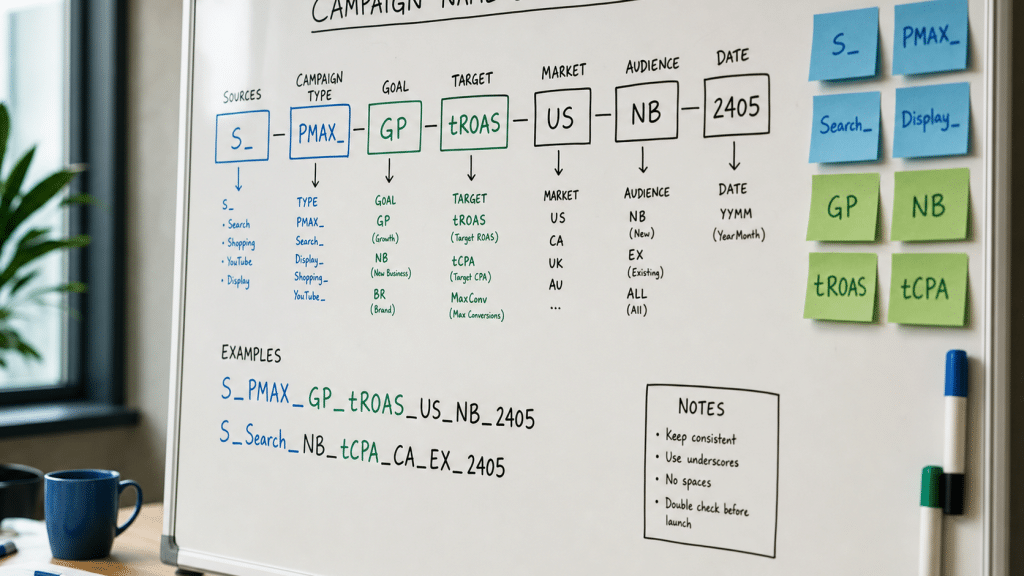 google ads campaign naming convention whiteboard framework diagram