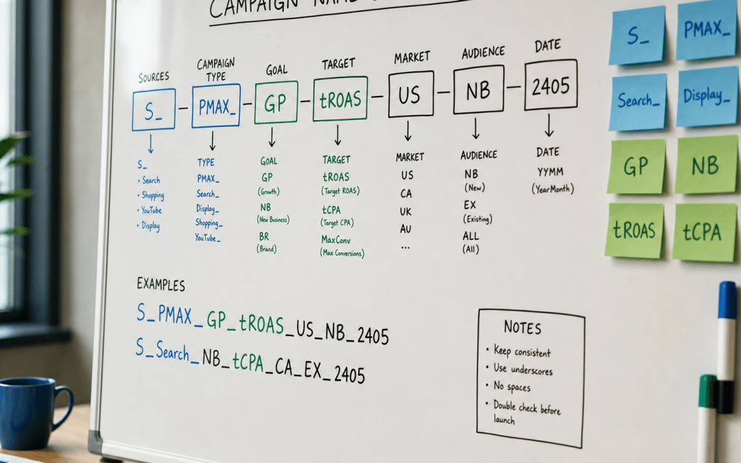 google ads campaign naming convention whiteboard framework diagram