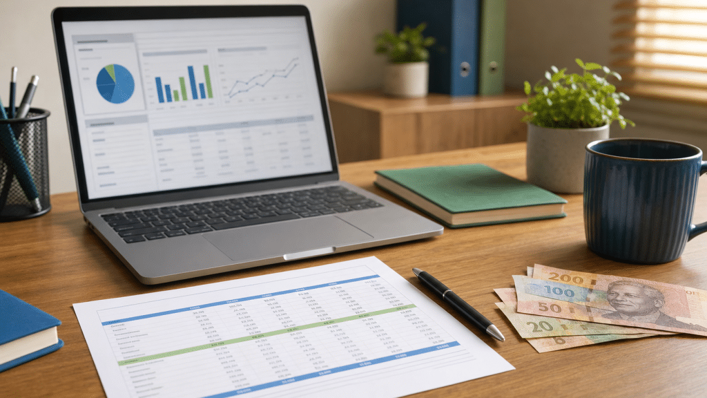 google ads cost pretoria — laptop with budget spreadsheet and South African rand notes on a Tshwane business desk