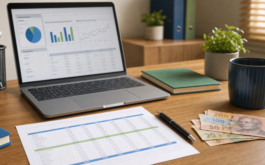 google ads cost pretoria — laptop with budget spreadsheet and South African rand notes on a Tshwane business desk