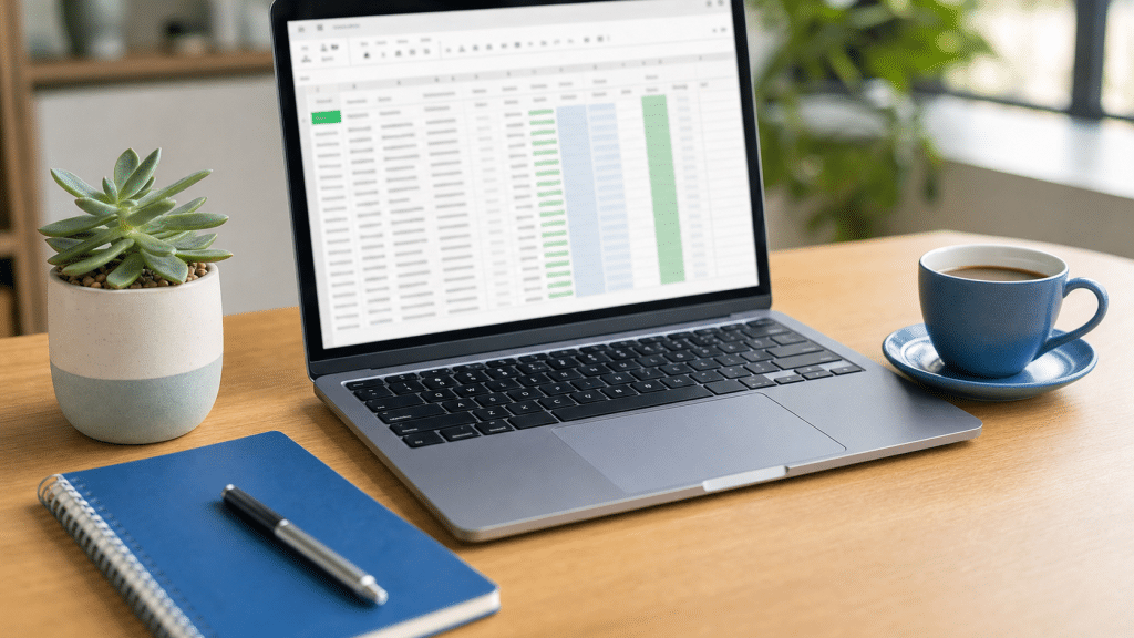 google ads customer match setup — laptop with customer data spreadsheet on a wooden desk