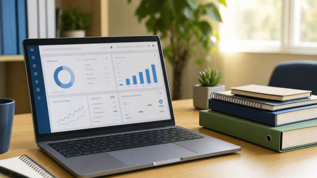 google ads for accountants - laptop with financial ledgers on a professional desk