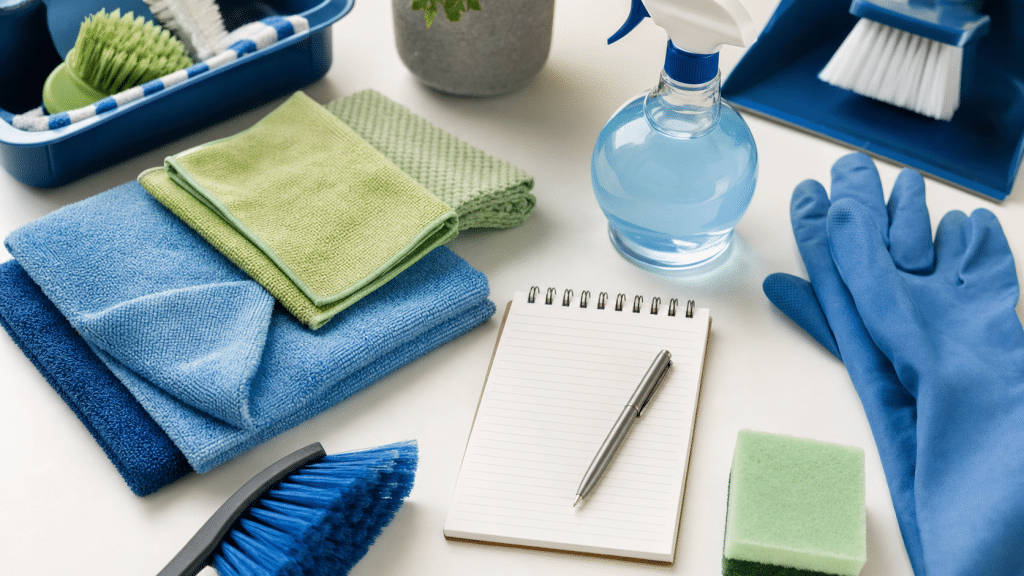 google ads for cleaning services flat-lay of professional cleaning equipment blue green accents