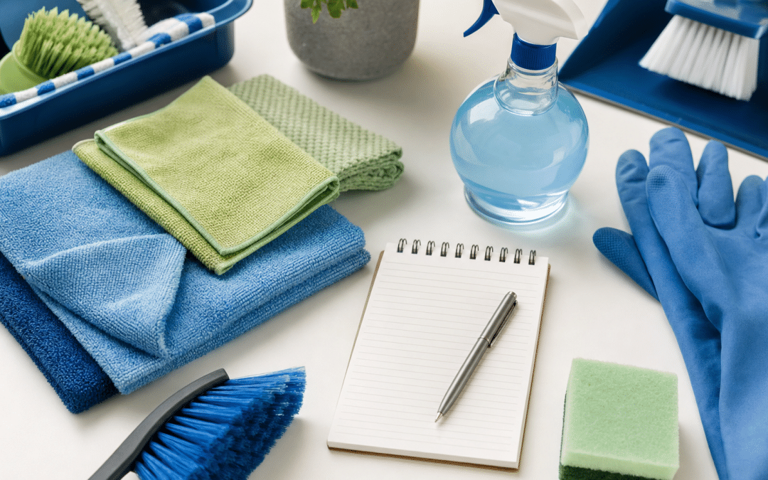 google ads for cleaning services flat-lay of professional cleaning equipment blue green accents
