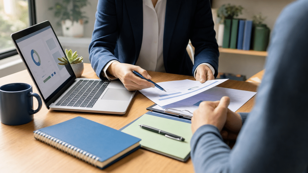 google ads for coaches - professional coaching consultation with laptop and documents on a desk