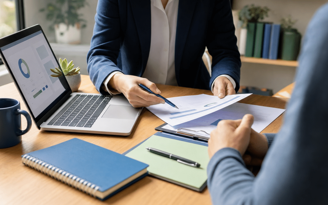 google ads for coaches - professional coaching consultation with laptop and documents on a desk