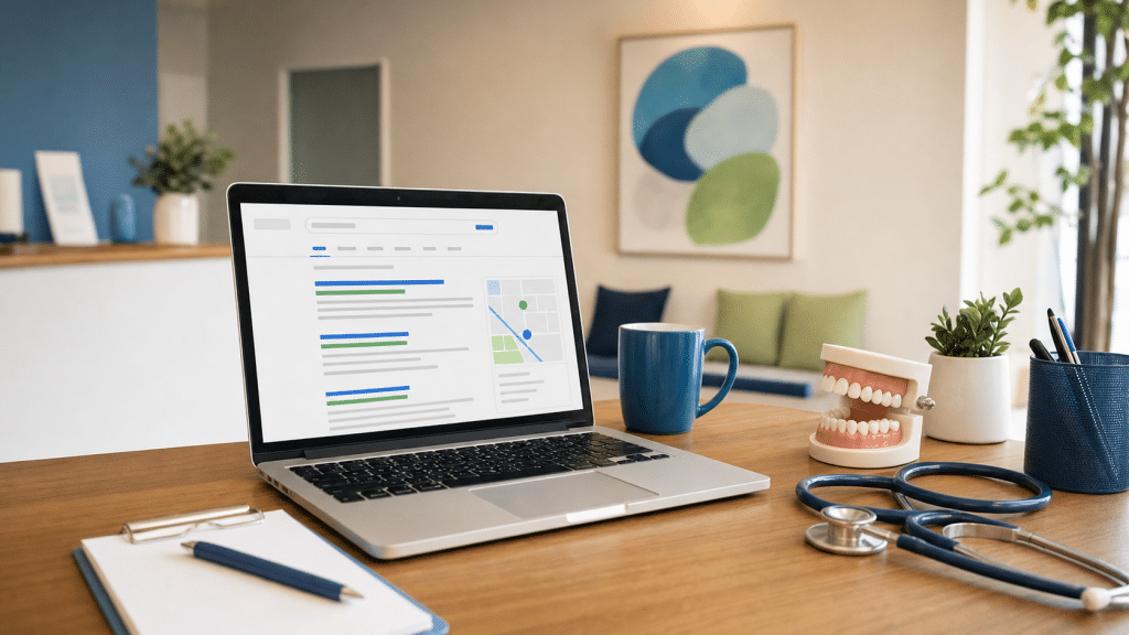google ads for dentists - dental practice reception desk with laptop, tooth model and blue-green accent items