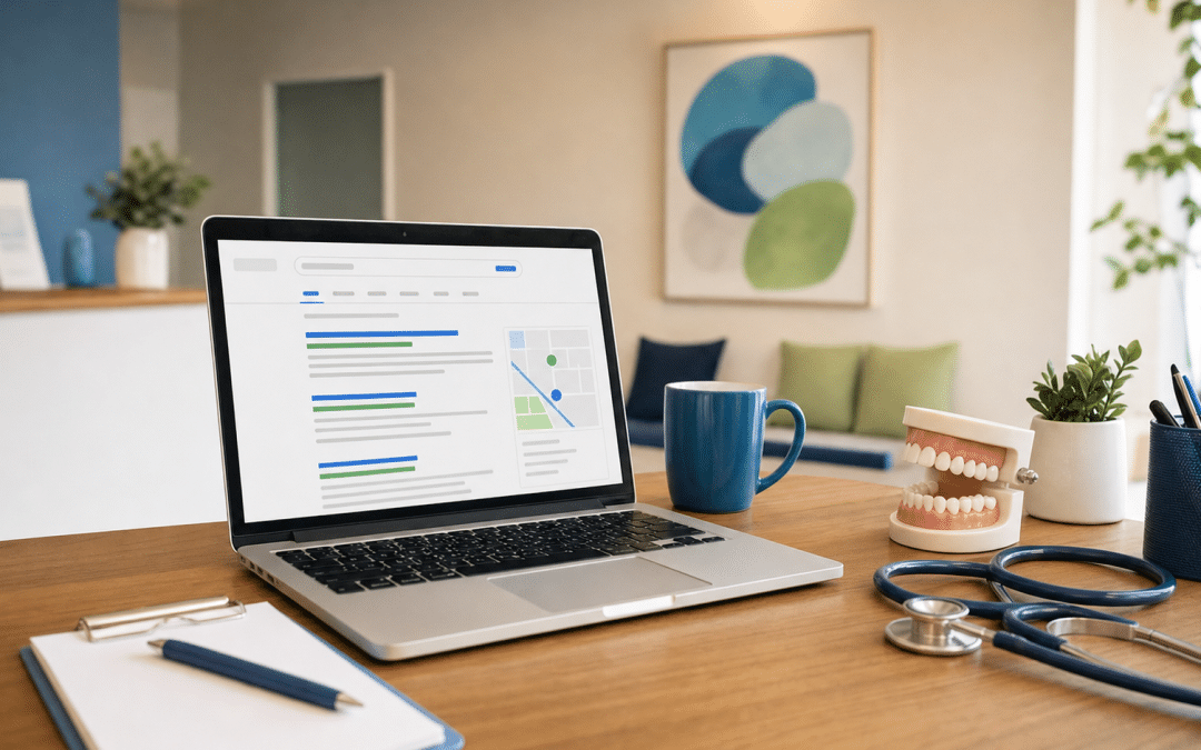 google ads for dentists - dental practice reception desk with laptop, tooth model and blue-green accent items