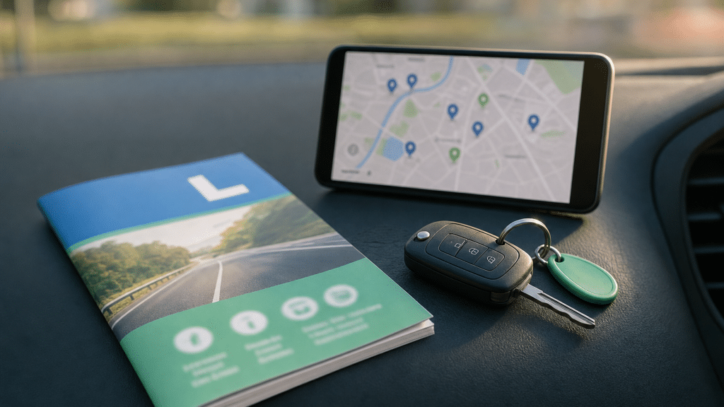 google ads for driving schools — smartphone showing local driving school search on a car dashboard beside car keys