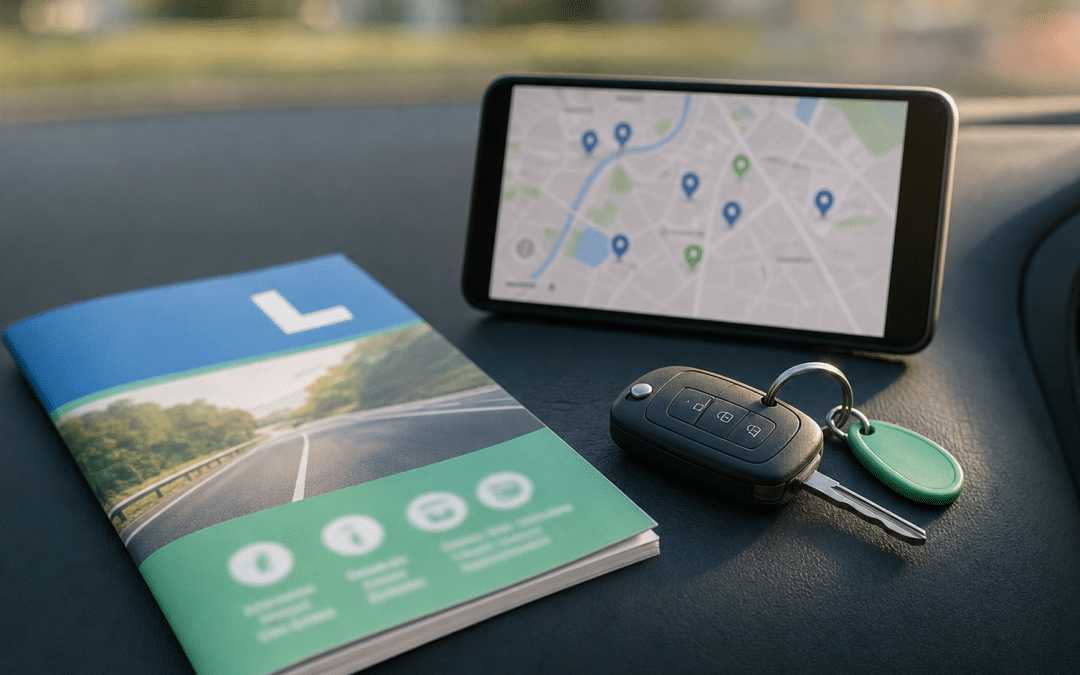 google ads for driving schools — smartphone showing local driving school search on a car dashboard beside car keys