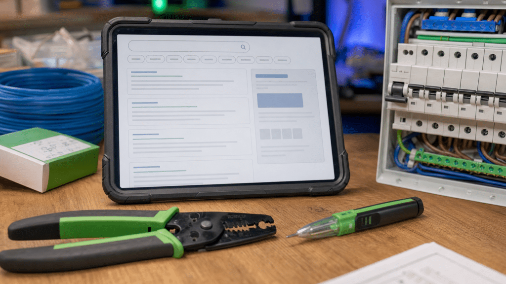 google ads for electricians south africa — tablet with search results next to electrical tools and DB board