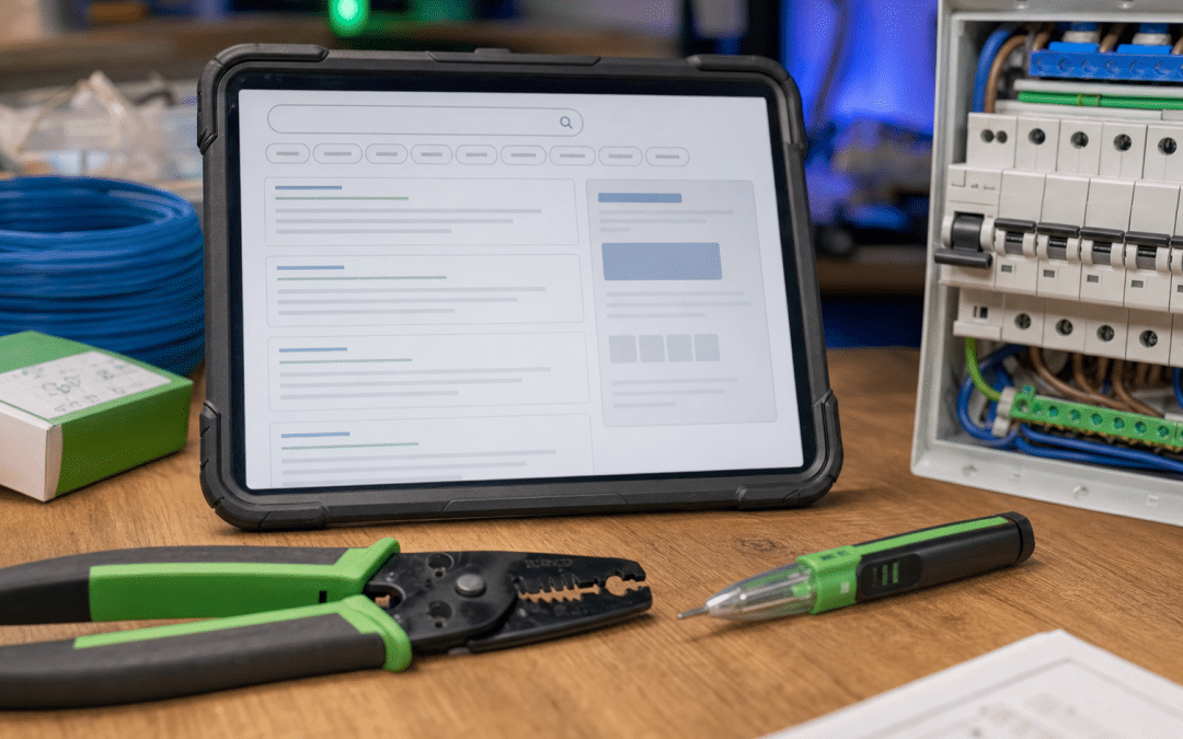 google ads for electricians south africa — tablet with search results next to electrical tools and DB board
