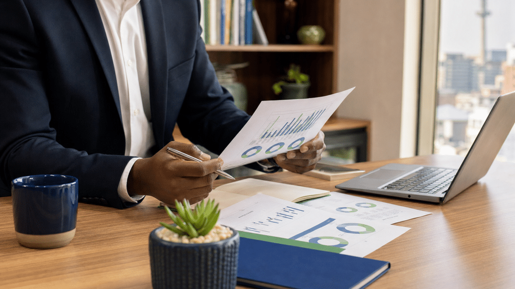 google ads for financial advisors — SA financial advisor reviewing client portfolio documents at a modern office desk