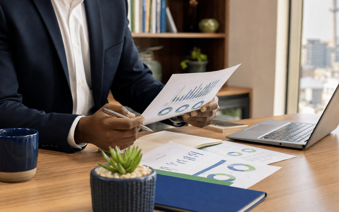 google ads for financial advisors — SA financial advisor reviewing client portfolio documents at a modern office desk