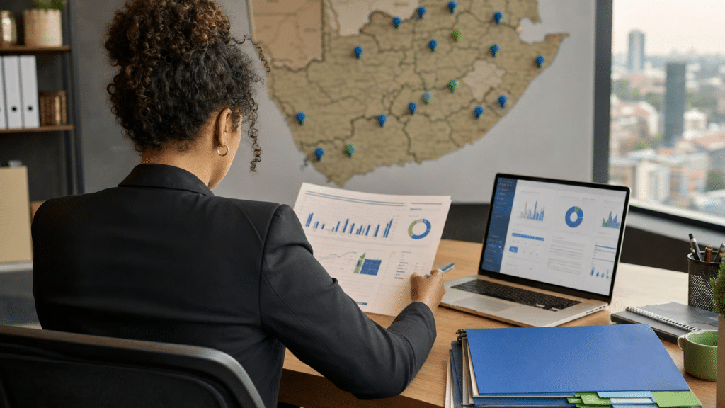 google ads for franchises — franchise marketing manager reviewing performance dashboards in a Johannesburg office