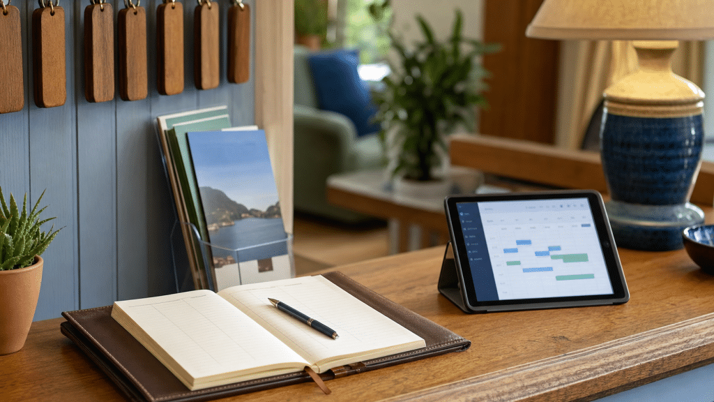 google ads for guesthouses south africa — guesthouse reception desk with booking calendar and room key display