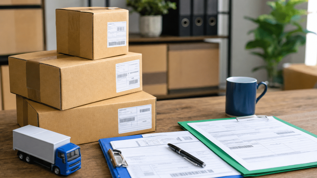 google ads for logistics companies — freight boxes and shipping documentation on a desk