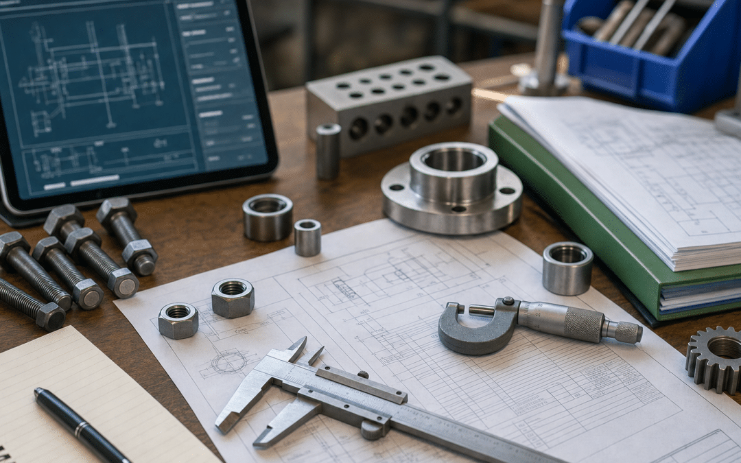 google ads for manufacturers — industrial specification drawings and engineering components on a South African workshop surface