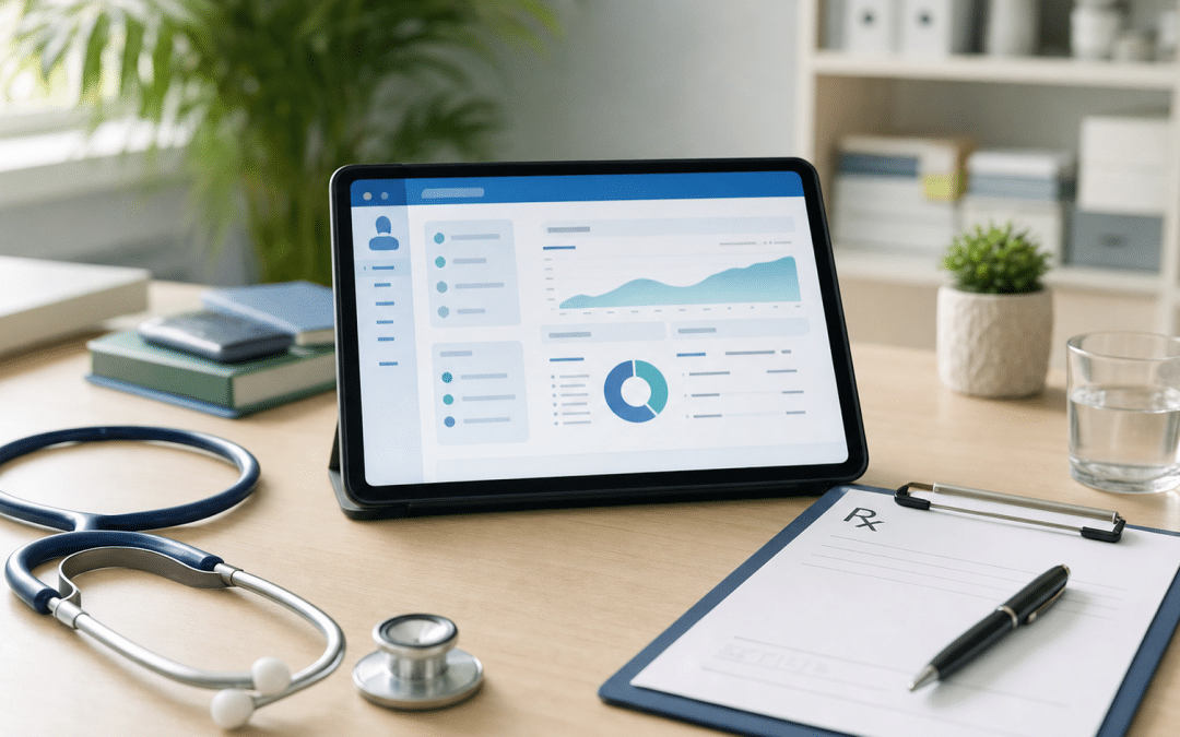 google ads for medical practices — stethoscope and tablet on a medical consulting desk with blue and green accent items