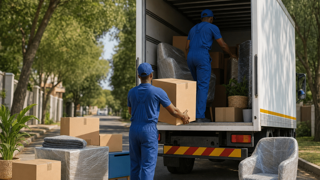 google ads for moving companies — professional removal truck being loaded with furniture and boxes on a Johannesburg suburban street