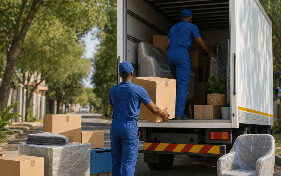 google ads for moving companies — professional removal truck being loaded with furniture and boxes on a Johannesburg suburban street