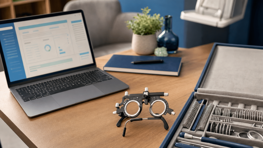google ads for opticians — trial frame and laptop on a consulting desk