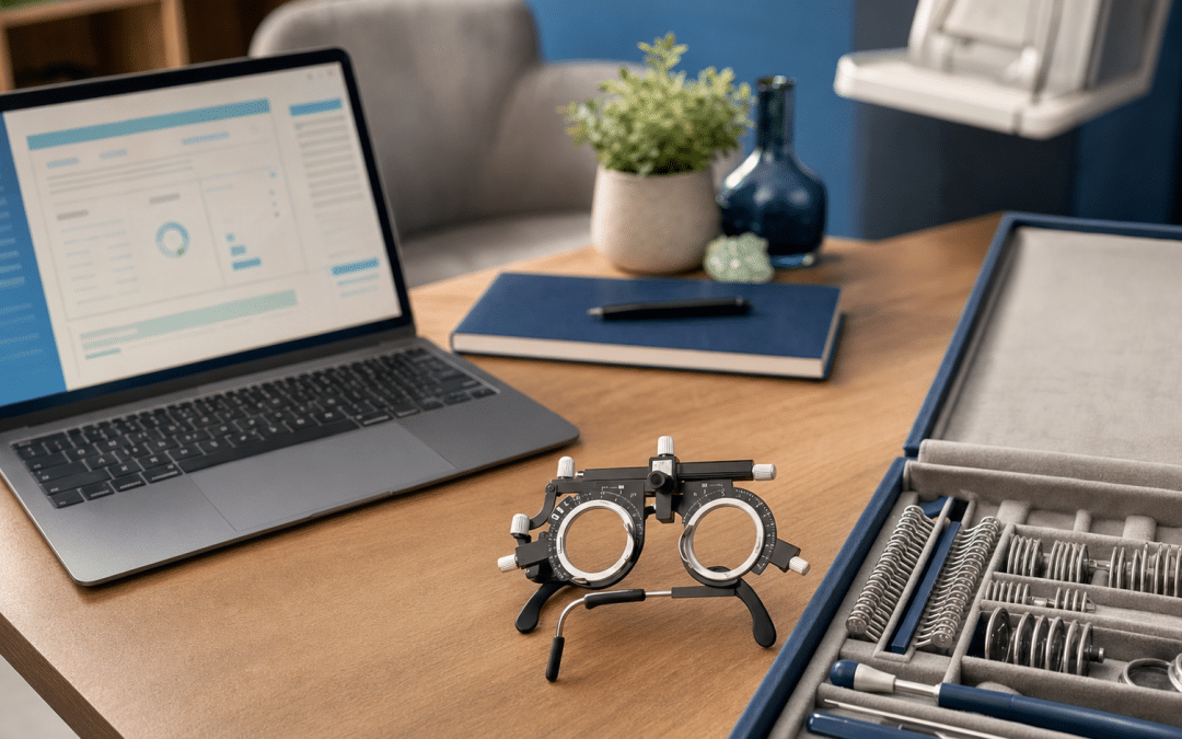 google ads for opticians — trial frame and laptop on a consulting desk