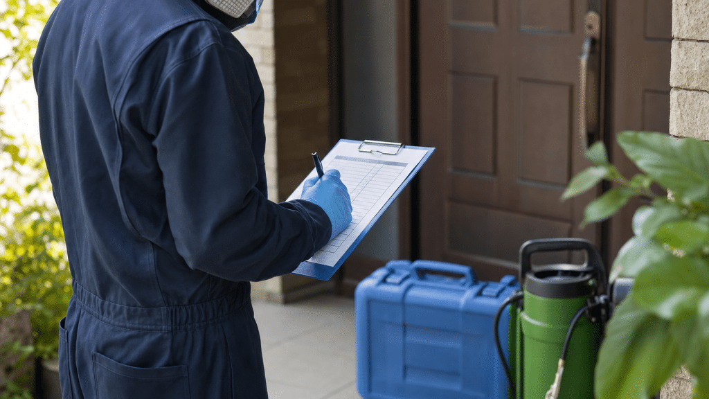 google ads for pest control — pest control technician reviewing treatment notes with equipment cases