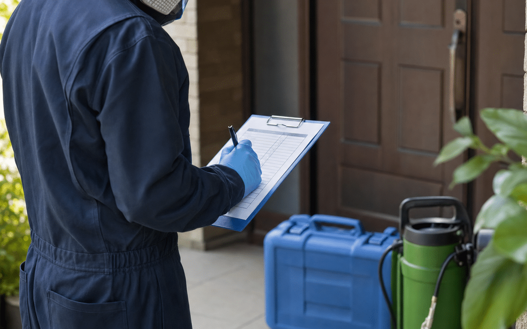 google ads for pest control — pest control technician reviewing treatment notes with equipment cases