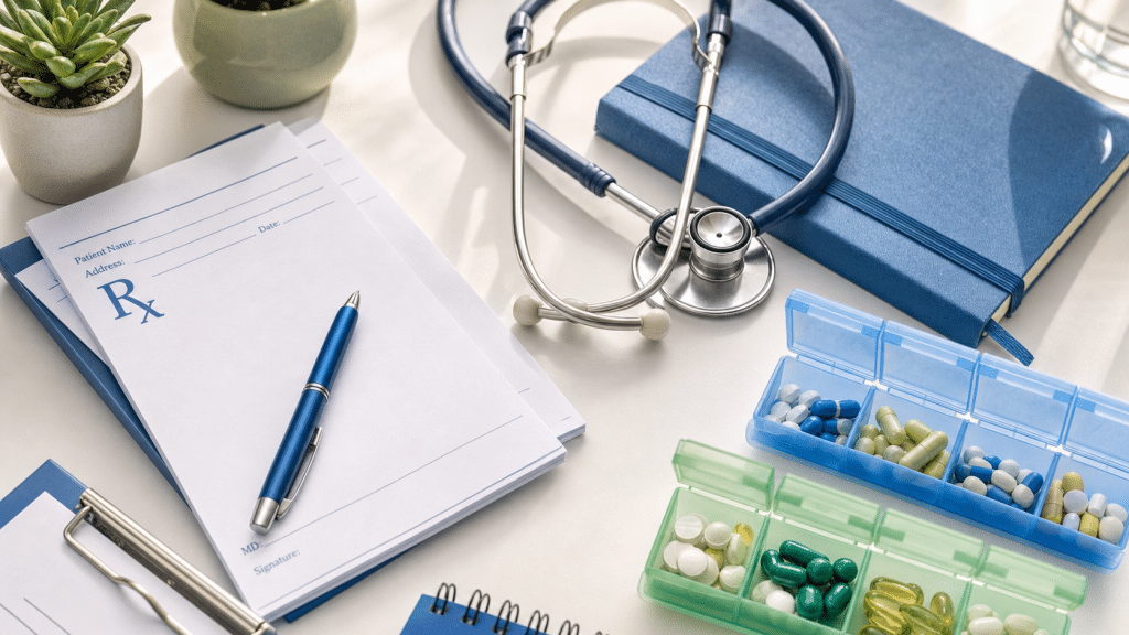 google ads for pharmacies south africa — flat-lay of prescription pads and pill organisers