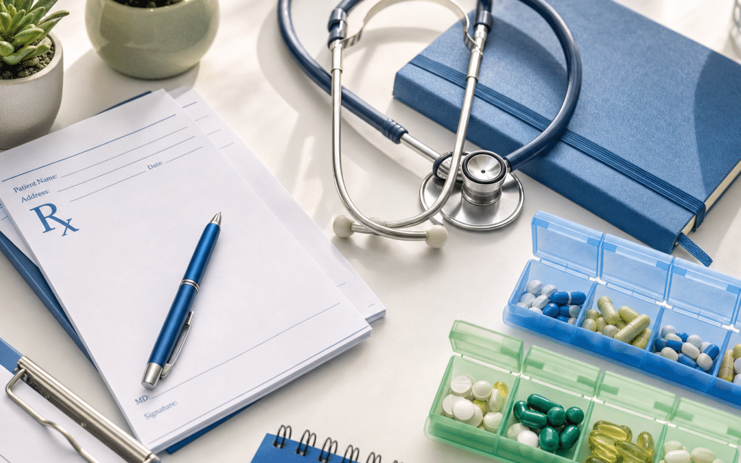 google ads for pharmacies south africa — flat-lay of prescription pads and pill organisers