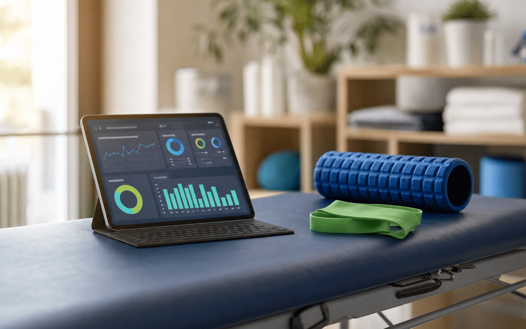 google ads for physiotherapists — tablet with Google Ads dashboard in a physio clinic treatment room