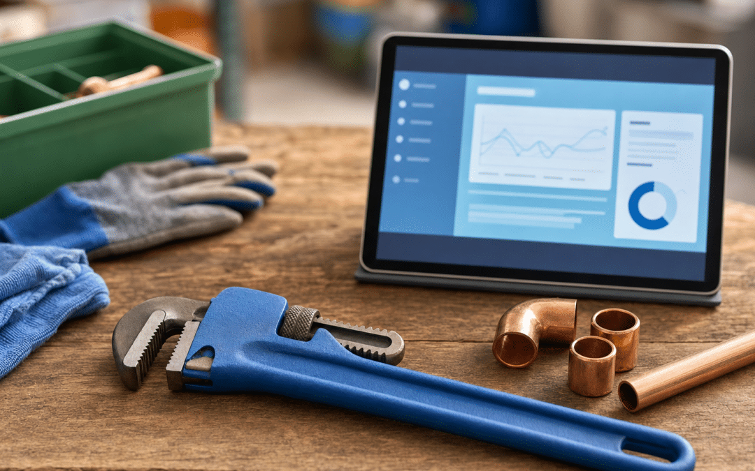google ads for plumbers — plumber's pipe wrench and tablet on a wooden workbench
