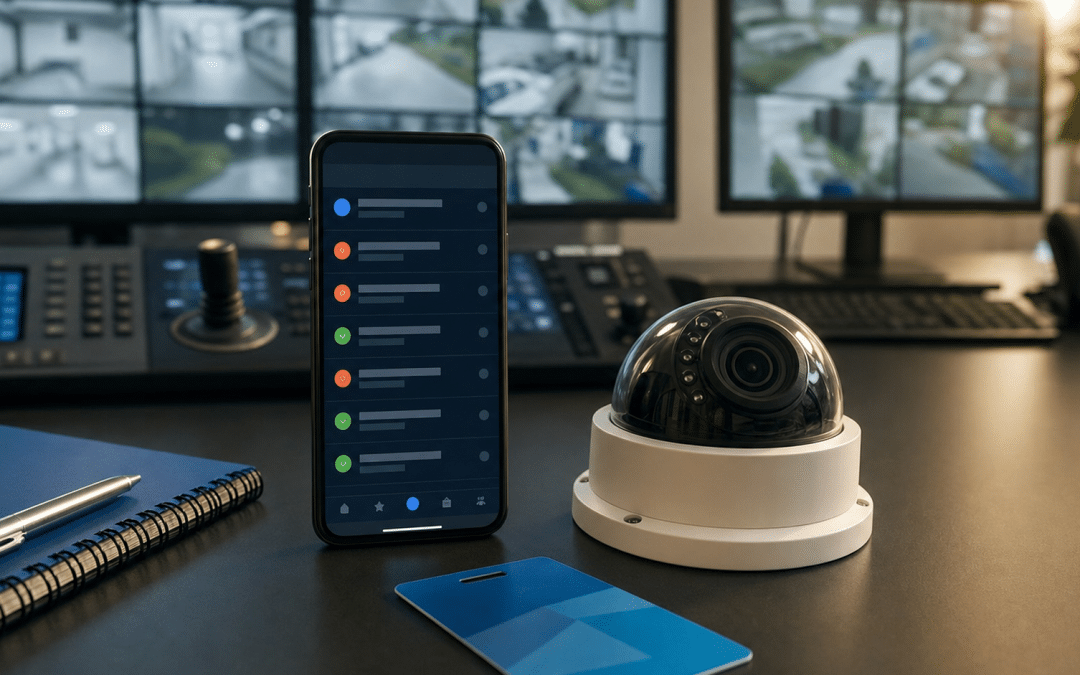 google ads for security companies — security monitoring control desk with smartphone alerts and CCTV camera