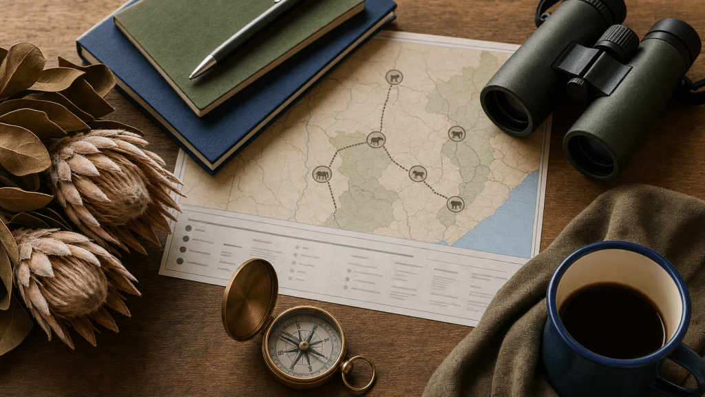 google ads for tour operators south africa — flat lay of safari itinerary, compass, binoculars and protea on wooden surface