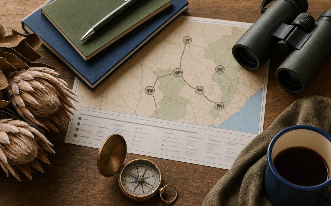 google ads for tour operators south africa — flat lay of safari itinerary, compass, binoculars and protea on wooden surface